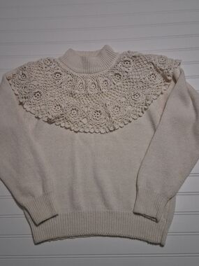 VTG Work In Progress Gladys Bagley M Cotton Ramie Floral Crochet Ivory Sweater